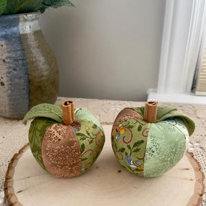 Puede incluir: Dos manzanas de tela hechas de segmentos de patchwork de tela de algod&oacute;n con patrones verdes y marrones. Cada manzana presenta una hoja de tela verde y un tallo de rama de canela que sobresale del centro superior de la fruta.