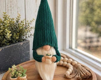 May include: A gnome figurine with a tall, ribbed dark green knit hat and a long, cream-colored faux fur beard. The gnome holds a small, light-colored pot with a tiny green plant. The figure is positioned on a round wooden tray.