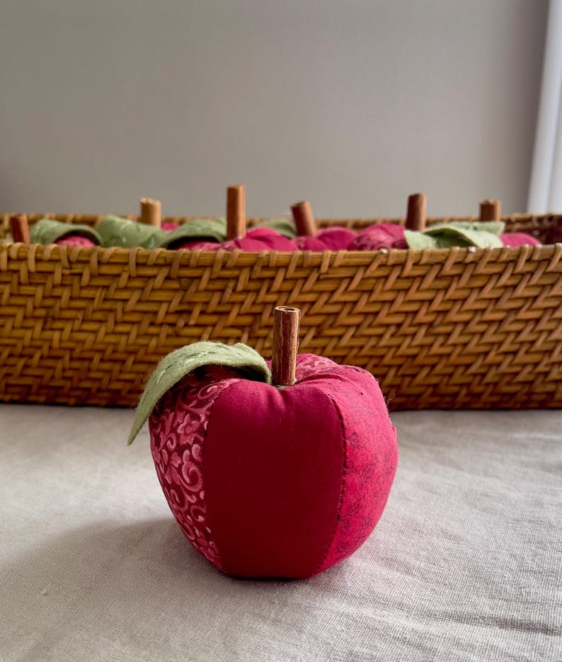 Close-up of a handmade red patchwork fabric apple with embroidered felt leaves and a natural cinnamon stick stem.