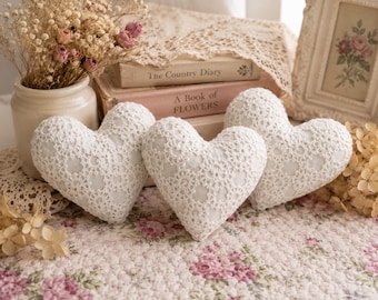 White Lace Heart Bowl Fillers Set of 3, Handmade Cottagecore Farmhouse Decor, 4.5 Inch Hearts