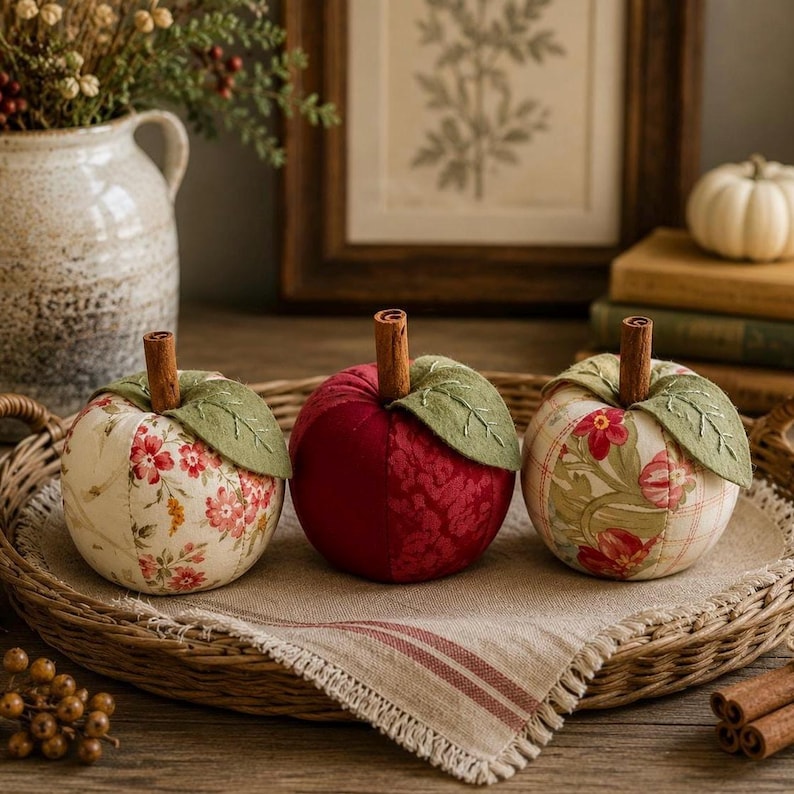 Three handmade patchwork apples styled on a rustic console table
