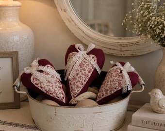 Rellenos de corazón color burdeos para cuencos, corazones de tela hechos a mano, juego de 3 cojines de corazón estilo granja, decoración rústica para estantes