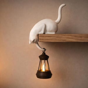 May include: A white ceramic cat ornament sits on a wooden shelf, its tail curving down to hold a dark brown lantern. The lantern contains a warm, glowing light, creating a cosy atmosphere. The cat is looking down.