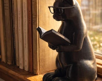 Figura de gato lector: Estatua de gato lector, decoración de estantería
