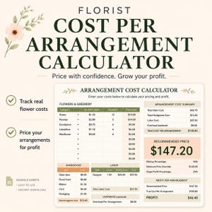 May include: A digital florist cost per arrangement calculator spreadsheet template. The interface displays tables for flowers, greenery, hardgoods, and labour costs, with a summary section showing a recommended price of $147.20 and a profit of $46.40.