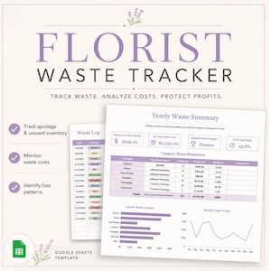 Könnte beinhalten: Ein digitales Dokument mit dem Titel "FLORIST WASTE TRACKER" mit Diagrammen und Grafiken. Das Dokument enthält ein Abfallprotokoll, eine jährliche Abfallzusammenfassung und eine Aufschlüsselung der Abfallkategorien. Der Text lautet "Track Waste. Analyze Costs. Protect Profits."