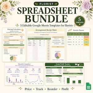 Op de afbeelding: Een digitaal spreadsheetpakket voor bloemisten met vijf bewerkbare Google Sheets-sjablonen. De lay-out bevat een prijscalculator, een receptenblad voor bloemstukken, een herbestelplanner en een tracker voor winst en verkoop.