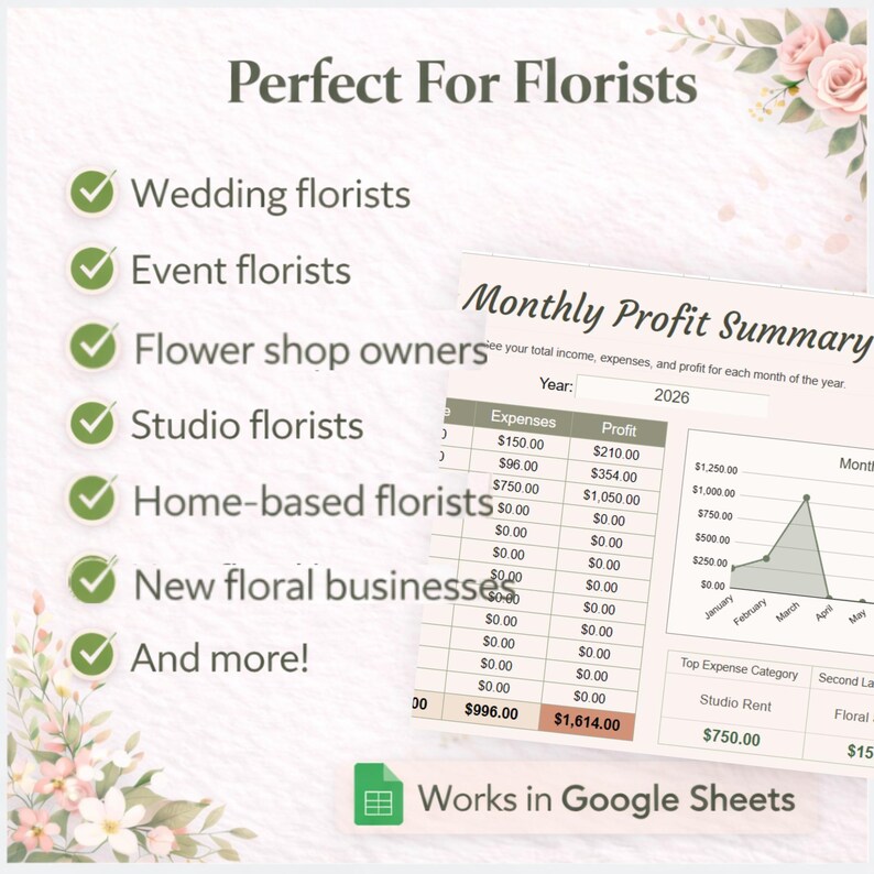 Florist Profit Tracker | Florist Income Expense Spreadsheet | Flower ...