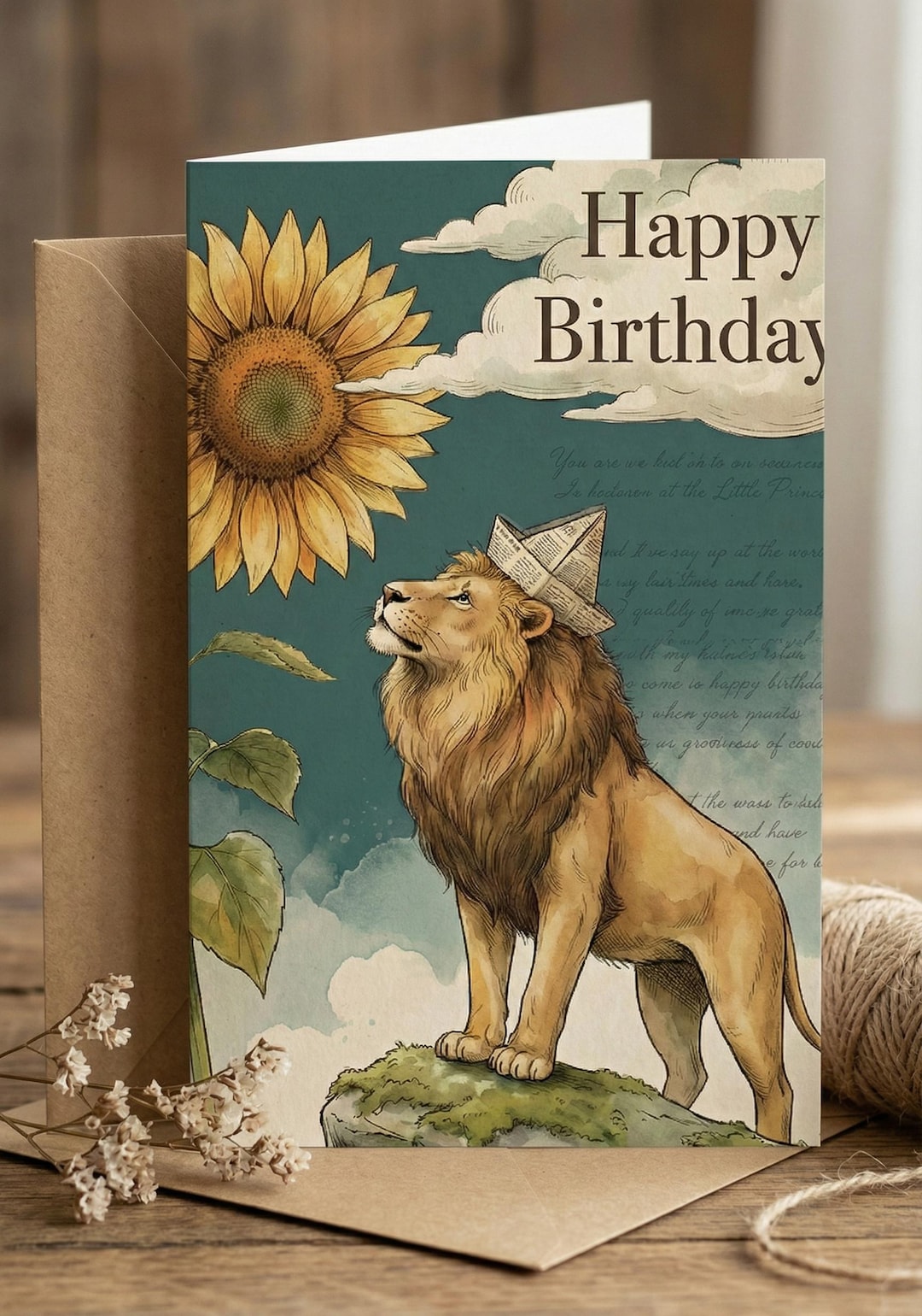 Vintage Lion Birthday Card Printable, Sunflower Greeting for Him