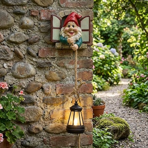May include: A whimsical garden gnome sculpture peeks out of a window on a brick wall, holding a rope that suspends a black lantern. The gnome wears a red hat and green jacket. The lantern emits a warm glow, adding a charming touch to the outdoor decor.