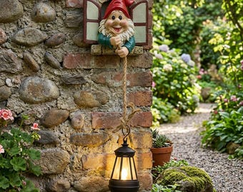 Solar Hanging Gnome Light – Window Gnome Garden Decor – Outdoor Light Up Gnome with Lantern – Patio & Yard Ornament