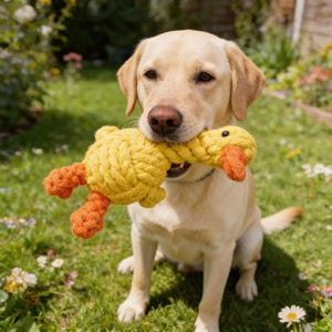 Yellow Duck Dog Toy, Braided Cotton Rope Squeaky Chew Toy