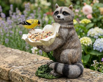 Estatua de mapache comedero para pájaros – Lindo comedero de resina para pájaros de jardín – Decoración de jardín con animales – Adorno para patio y jardín al aire libre