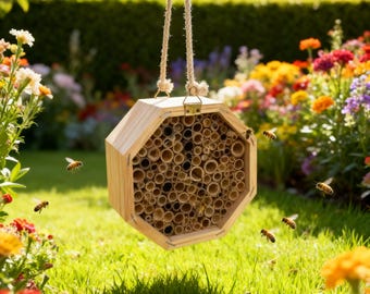 Hotel hexagonal de madera para abejas – Casa colgante para abejas de jardín – Hábitat para polinizadores – Hotel para insectos de exterior para flores y cultivos