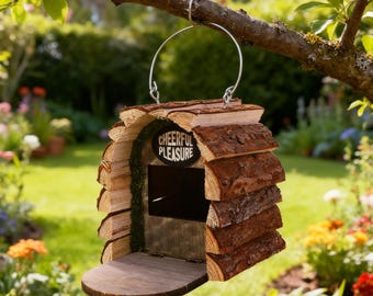 Casita rústica para pájaros de corteza de madera – Casita colgante de tronco natural para pájaros – Decoración para nidos de pájaros de jardín al aire libre