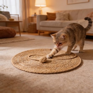 Op de afbeelding: Een ronde katten speeltje gemaakt van geweven natuurlijke vezels, met een centraal geknoopt balletje. Het speeltje ligt op een neutraal gekleurd tapijt. Een tabby kat speelt met het speeltje.