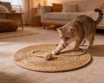 Rattan Cat Scratcher Mat, Natural Round Cat Scratch Pad
