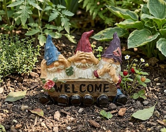 Estatua de gnomo de jardín "Bienvenido" – Bonita decoración de gnomo para exteriores – Adorno de resina para el jardín – Divertido letrero para patio y jardín
