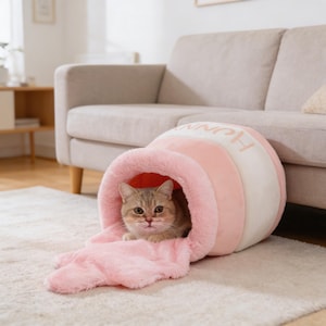 May include: A pink and white cat bed in a cylindrical shape, with the word "HUNN" printed on it. A tabby cat is nestled inside, with a pink, fluffy blanket extending out. The bed rests on a light-coloured rug.