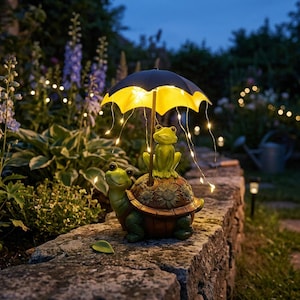 May include: A whimsical garden statue featuring a turtle carrying a frog under a black and yellow umbrella. The umbrella is illuminated with string lights. The statue is green and brown, set on a stone wall with a garden background.