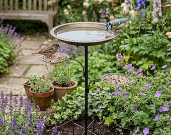 Soporte metálico para bebedero y comedero de pájaros – Comedero de jardín de 3 niveles – Bebedero exterior con bandejas para hojas – Decoración para patio y césped