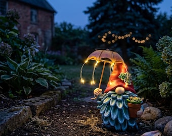 Estatua de jardín de gnomo con sombrilla solar – Decoración de gnomo para exteriores con luz – Adorno impermeable para patio y jardín