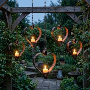 Puede incluir: Cinco candelabros colgantes en forma de corazón hechos de metal oxidado. Cada soporte cuelga de una cadena y sostiene una vela blanca encendida. El fondo presenta un jardín con vegetación y una estructura de madera.