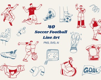 40 gráficos de arte lineal de fútbol, garabatos de fútbol en formato PNG, SVG y AI.
