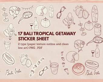 Pegatinas de escapada tropical a Bali / Dibujos lineales a mano, textura de papel (descarga digital)