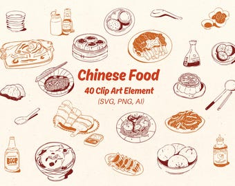 Ilustraciones de comida china / Dim sum, fideos, mariscos, postres (SVG, PNG, AI)