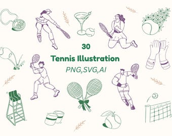Conjunto de 30 imágenes prediseñadas de tenis, raqueta y pelota SVG, garabatos deportivos PNG, gráficos minimalistas de cancha, archivos de corte para Cricut.