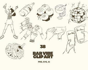 Paquete de 38 imágenes prediseñadas con ambiente de bar / Ilustraciones de cócteles, cerveza, aperitivos y brindis / SVG, PNG, AI
