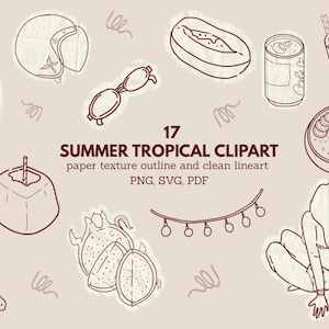 May include: A collection of 17 summer tropical clipart illustrations featuring dark brown line art on a light beige paper texture background. Elements include a surfboard, helmet, glasses, fruit, drinks, a bowl, string lights, and a person sitting.