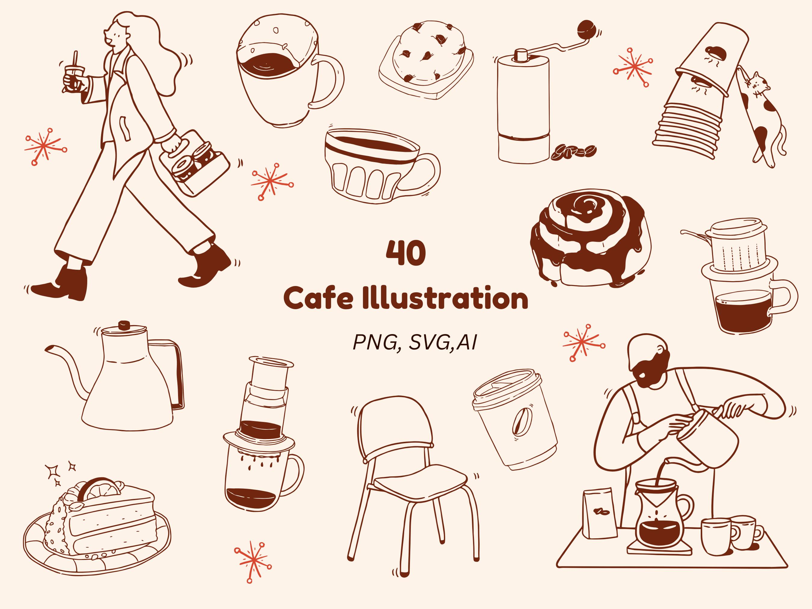 Hand Drawn Cafe Clip Art, Coffee Pastry Illustrations (PNG, SVG, AI)