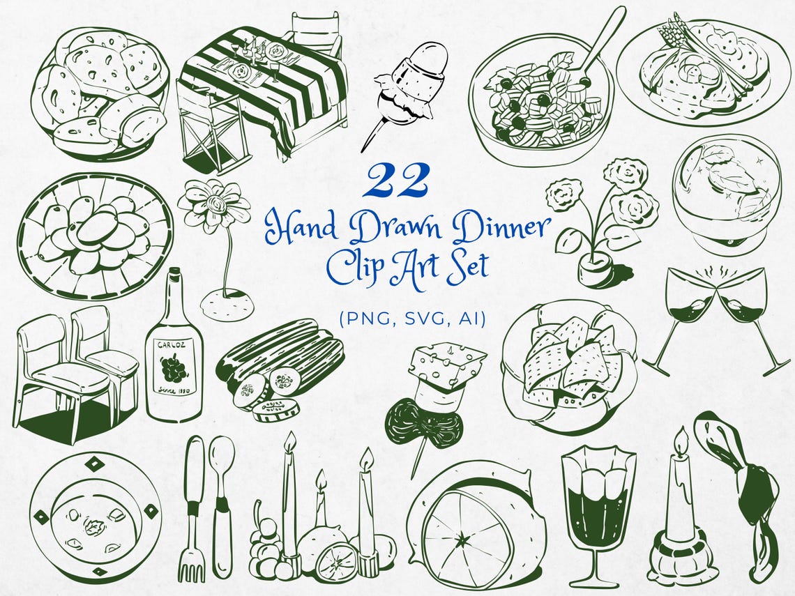Dinner Graphics Hand Drawn Dinner Clip Art Set, Food Graphics, Transparent Background ...