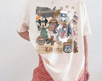 America Liberty Route 66 Shirt, Patriotic Donald Duck & Mickey USA Tee, Disney Fourth of July Retro Shirt