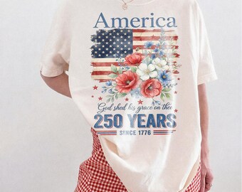 America 250 Years Flag Floral Graphic Shirt, 4th of July Patriotism Gift USA-Cottagecore, Celebrate 250th Anniversary Patriot Gifted Tee