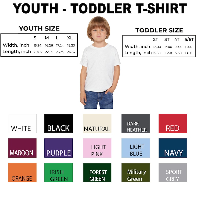 May include: A white youth t-shirt with size charts for youth and toddler sizes. The youth sizes range from S to XL, with widths from 38.7 to 46.3 cm. Toddler sizes range from 2T to 5/6T, with widths from 30.5 to 38.1 cm. Available colours include white, black, and red.
