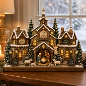 May include: A detailed Christmas nativity scene inside a stone church structure with snow-dusted roofs, illuminated windows, and evergreen trees. The central arch displays the text GLORY TO THE NEWBORN KING, with FAITH HOPE LOVE and PEACE ON EARTH signs.