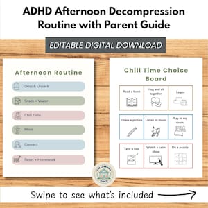 Puede incluir: Una descarga digital con una rutina de descompresión vespertina para el TDAH y una tabla de opciones de tiempo de relajación. La rutina incluye pasos como dejar y desempaquetar, merienda y agua, tiempo de relajación, moverse, conectar y reiniciar con la tarea.