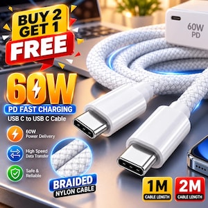 USB C to USB C Cable 60W PD Fast Charging Braided Nylon Type C Charger Cable 1M 2M High Speed Data Transfer