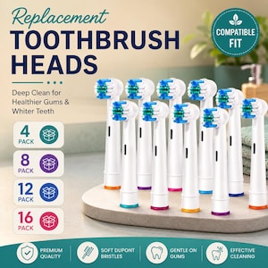 Könnte beinhalten: Weiße Ersatz-Zahnbürstenköpfe mit blauen und grünen Borsten. Der Text lautet "Replacement TOOTHBRUSH HEADS" und "Deep Clean for Healthier Gums & Whiter Teeth." Verpackungsoptionen sind 4er, 8er, 12er und 16er Packs.