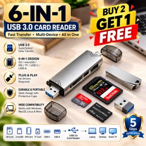Peut inclure: Un lecteur de carte USB 3.0 6-en-1 argenté avec capuchons de protection, doté de ports pour cartes SD, microSD, MS, TF, USB-C et USB-A. L'appareil est présenté avec diverses cartes mémoire, dont une SanDisk Extreme PRO 512 Go, une SanDisk Ultra 64 Go et une Sony Memory Stick PRO Duo 16 Go.