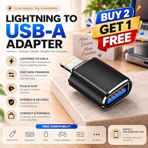 Puede incluir: Un adaptador de Lightning a USB-A de color negro con un conector Lightning metálico en un extremo y un puerto USB-A azul en el otro. El texto en la imagen incluye "LIGHTNING TO USB-A ADAPTER," "Small Adapter. Big Possibilities," y "BUY 2 GET 1 FREE."