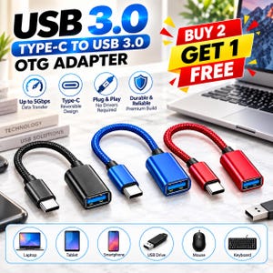 May include: Three USB 3.0 Type-C to USB 3.0 OTG adapters with braided cables in black, blue, and red. Each adapter features a metallic connector housing and a blue internal port. Text on the image includes USB 3.0, Type-C to USB 3.0 OTG ADAPTER, and icons for data transfer, plug and play, and device compatibility.