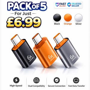 Könnte beinhalten: Drei USB-C-Adapter in Schwarz, Orange und Silber. Jeder Adapter hat einen weißen USB-C-Anschluss und den Text "6A 120W MAX". Das Bild enthält auch Symbole für High-Speed, Dual-Kompatibilität, sichere Verbindung und schnelle Datenübertragung.
