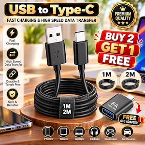 Könnte beinhalten: Ein schwarzes USB-auf-Typ-C-Ladekabel mit gewickeltem Design und einem kleinen schwarzen OTG-Adapter mit der Aufschrift 6A 120W MAX. Das Kabel hat ein mittleres Band mit der Aufschrift 1M 2M, und das Bild enthält Text zu Schnellladung, Hochgeschwindigkeits-Datenübertragung und Kompatibilität mit Telefonen, Tablets, Laptops, Ohrhörern, Controllern und Autogeräten.