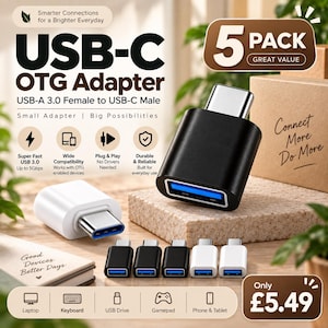 May include: A 5-pack of USB-C OTG adapters featuring USB-A 3.0 female to USB-C male connectors. The set includes both black and white adapters with blue internal ports. Text on the image includes USB-C OTG Adapter, 5 Pack, and Connect More Do More.