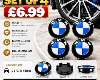 Puede incluir: Un juego de cuatro tapacubos circulares para BMW con el icónico logotipo azul, blanco y negro. Las tapas tienen un acabado brillante con una parte posterior de plástico negro y múltiples clips de montaje para un ajuste seguro.