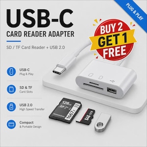 May include: A white USB-C card reader adapter with the text "USB-C CARD READER ADAPTER" and "BUY 2 GET 1 FREE". Includes SD/TF card reader and USB 2.0. Also includes a 128GB SD card, a 64GB micro SD card, and a USB drive.